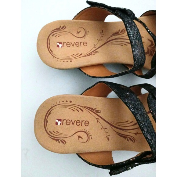 NEW Revere Sofia Blk Metallic Python Strappy Comfort Wedge Sandals US 10M - Picture 3 of 11